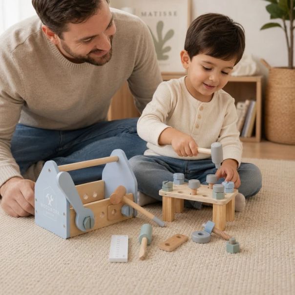 KINDER HOME Dečija drvena kutija za alat, mini radionica sa 22 dela, plava - EP3305151
