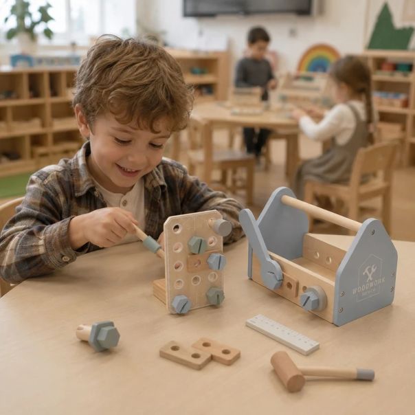 KINDER HOME Dečija drvena kutija za alat, mini radionica sa 22 dela, plava - EP3305151