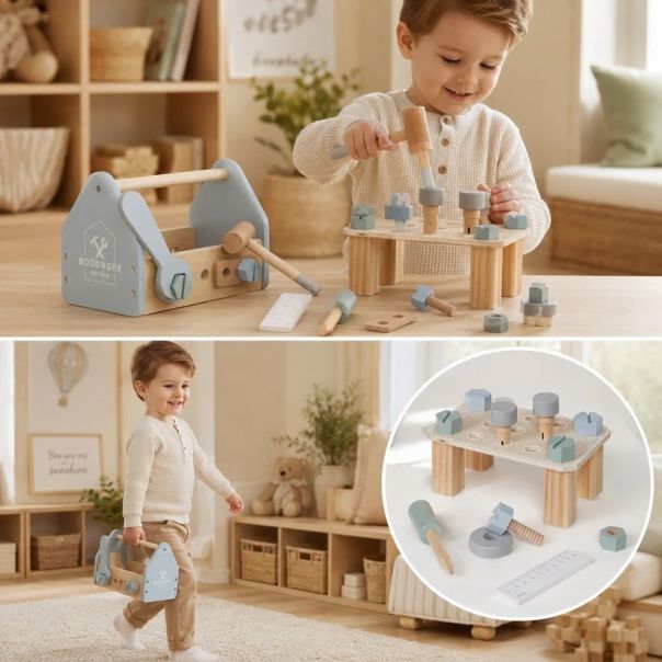 KINDER HOME Dečija drvena kutija za alat, mini radionica sa 22 dela, plava - EP3305151