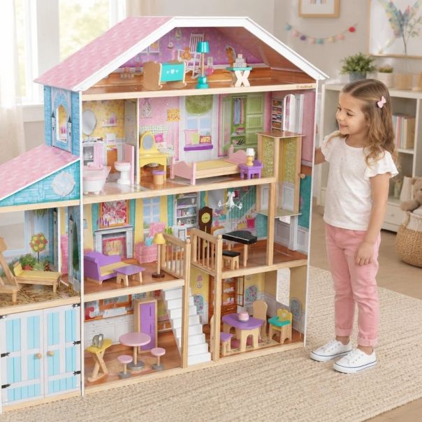 Velika drvena kućica za lutke KINDER HOME Grand Villa, 4 sprata, 28 komada nameštaja - EP3305175