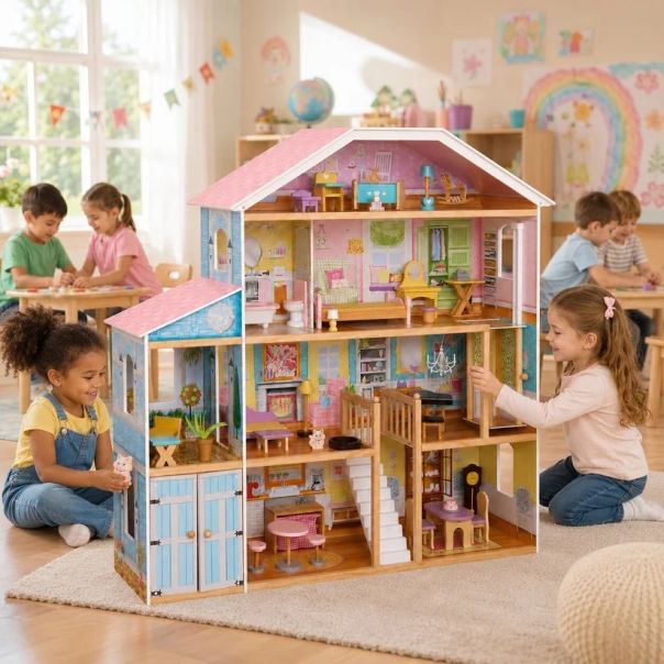 Velika drvena kućica za lutke KINDER HOME Grand Villa, 4 sprata, 28 komada nameštaja - EP3305175