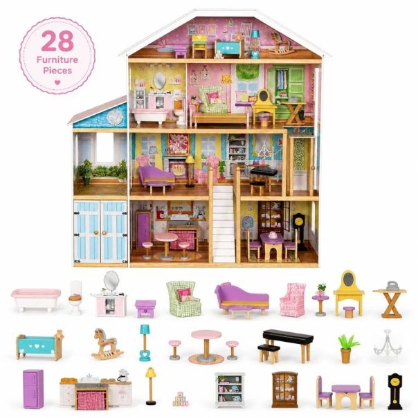 Velika drvena kućica za lutke KINDER HOME Grand Villa, 4 sprata, 28 komada nameštaja - EP3305175