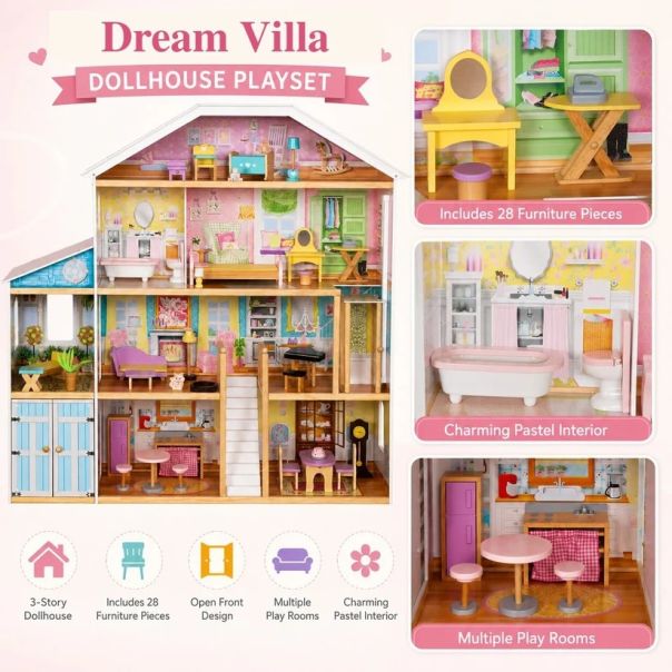 Velika drvena kućica za lutke KINDER HOME Grand Villa, 4 sprata, 28 komada nameštaja - EP3305175