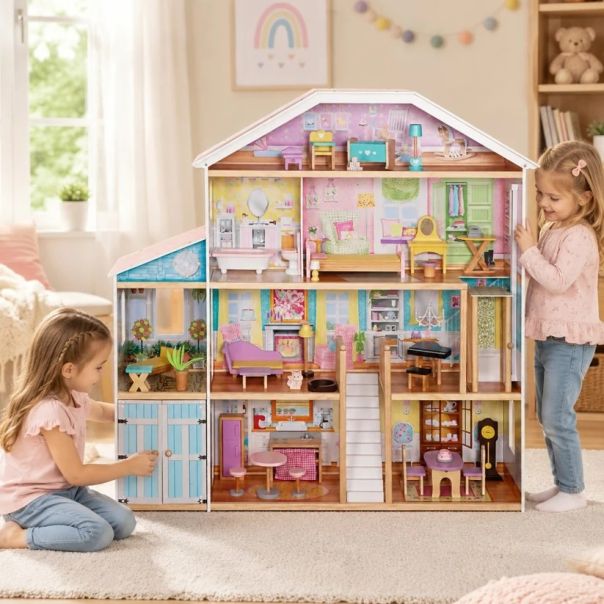 Velika drvena kućica za lutke KINDER HOME Grand Villa, 4 sprata, 28 komada nameštaja - EP3305175