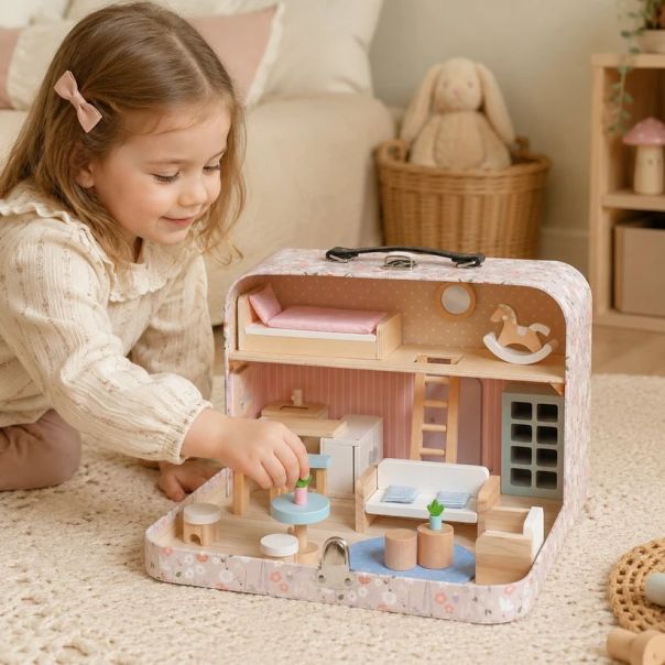 KINDER HOME Dečija drvena kućica sa koferom, prenosiva mini kućica za lutke - EP3305135