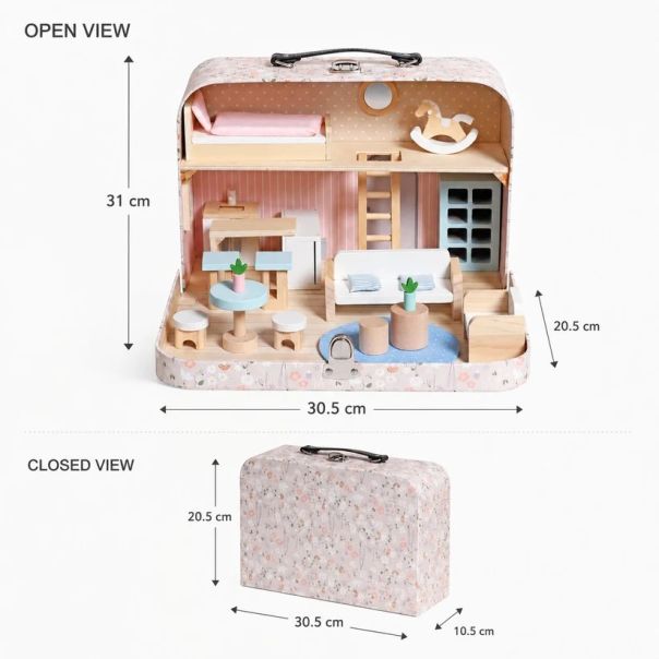 KINDER HOME Dečija drvena kućica sa koferom, prenosiva mini kućica za lutke - EP3305135