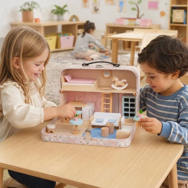 KINDER HOME Dečija drvena kućica sa koferom, prenosiva mini kućica za lutke - EP3305135