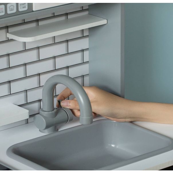 KINDER HOME Dečija drvena kuhinja sa zvukom, svetlom i priborom za kuvanje belo-siva - V10C493J