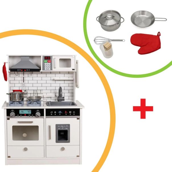 KINDER HOME Dečija drvena kuhinja sa zvukom, svetlom i priborom za kuvanje belo-siva - V10C493J