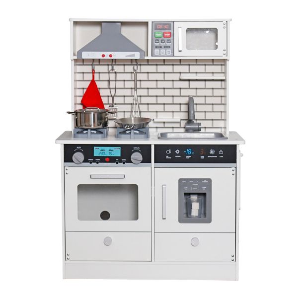 KINDER HOME Dečija drvena kuhinja sa zvukom, svetlom i priborom za kuvanje belo-siva - V10C493J