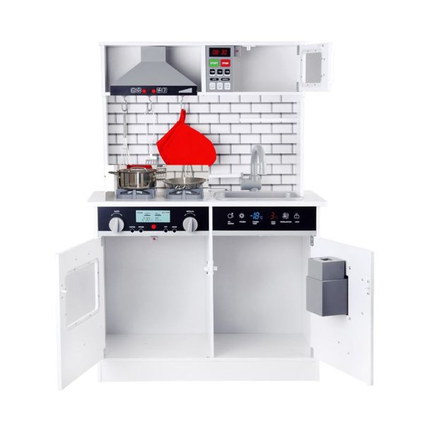 KINDER HOME Dečija drvena kuhinja sa zvukom, svetlom i priborom za kuvanje belo-siva - V10C493J