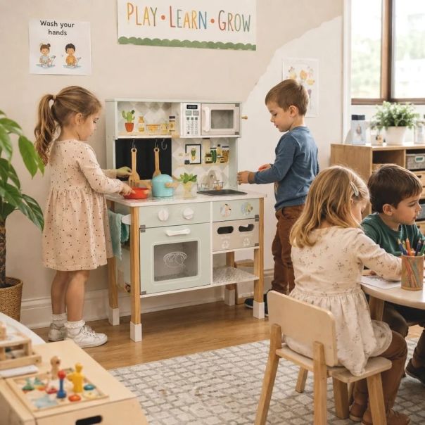 Dečija drvena kuhinja KINDER HOME sa elektronskom pločom za kuvanje, od punog drveta i MDF-a, - EP3317858