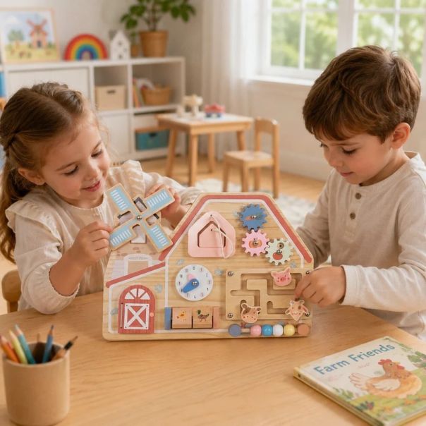 Crvena Montesori aktivna tabla KINDER HOME, farma sa mlinom, lavirintom, satom i zupčanicima - EP3280454