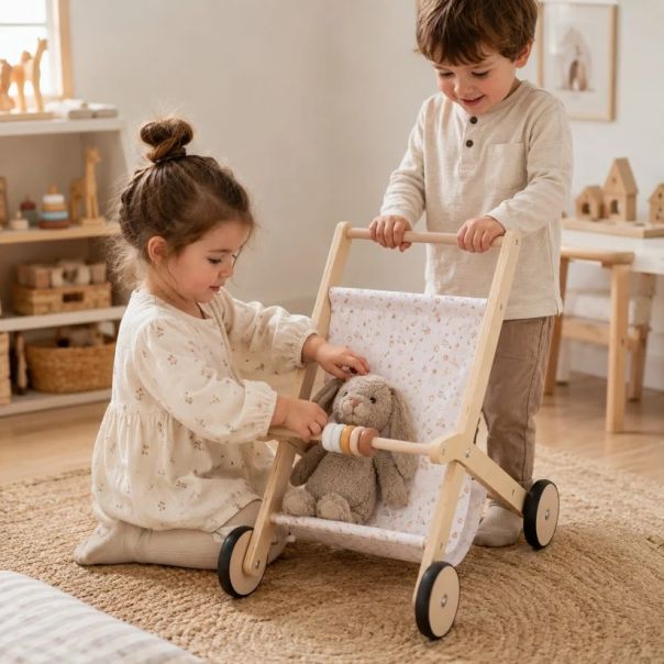 Dečija drvena kolica za lutke KINDER HOME sa mekom tekstilnom korpom, prirodno drvo - EP3305142