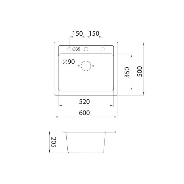 METALAC INKO Sudopera XGranitna Quadro 60 600x500 fi 90 sa sifonom crna - 161965