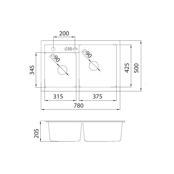 METALAC INKO Sudopera XGranitna Quadro Plus 2D 780X500 fi 90 sa sifonom bela - 171008