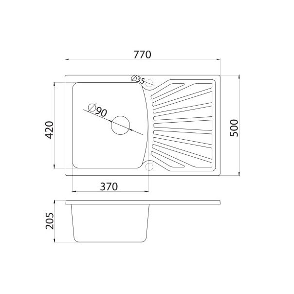 METALAC INKO Sudopera XGranitna Quadro Plus 770x500 fi 90 sa sifonom crna - 137410