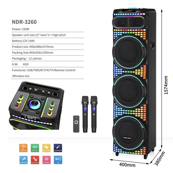 Bluetooth zvučnik NDR-3260 100W, sa dva mikrofona, crna - ZV1182