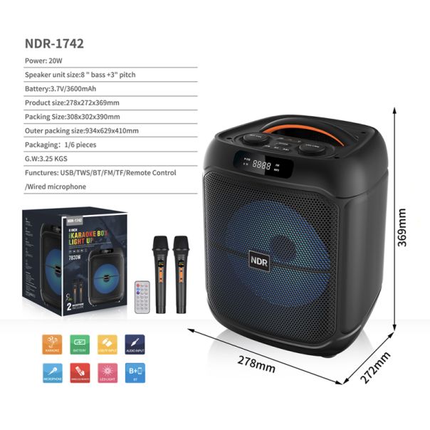 Bluetooth zvučnik NDR-1742, sa dva mikrofona, crna - ZV1191