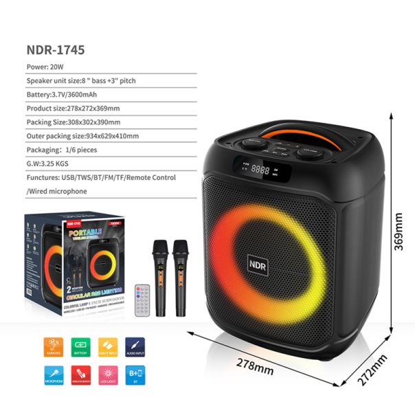 Bluetooth zvučnik NDR-1745, sa dva mikrofona, crna - ZV1192