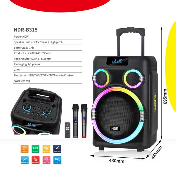Zvučnik bluetooth NDR-B315 60W 15inca sa dva mikrofona crni - EP2907433