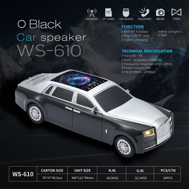 Bežični Bluetooth zvučnik WS-610 auto crni - EP3090107