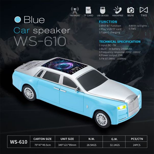 Bežični Bluetooth zvučnik WS-610 auto plavi - EP3090113