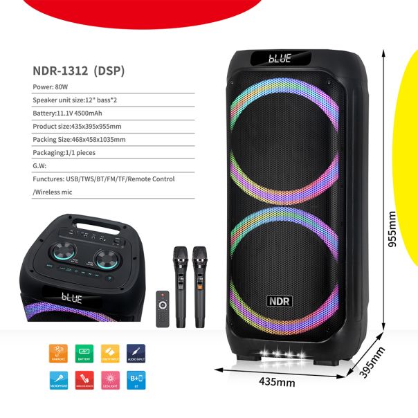 Bežični Bluetooth zvučnik NDR-1312 (DSP) 80W 2*12 inca sa dva mikrofona crni - EP3148335
