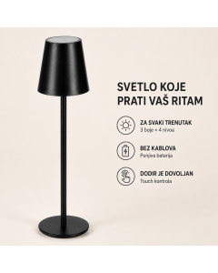 LED stona lampa NERA - punjiva, touch kontrola, 3 boje svetla i 4 nivoa, metalna, crna