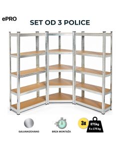ePRO metalna montažna polica SET 1 kom ugaona 180x70x30 + 2 kom standard 180x90x30, metal-drvo