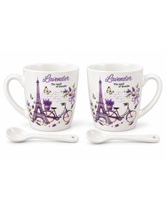 MKS Set keramičkih šolja za kafu 2/1 sa kašičicama  – Lavender, motiv lavande i Pariza