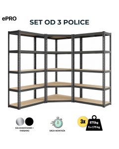 ePRO metalna montažna polica SET 1 kom ugaona 180x70x30 + 2 kom premium 180x90x30, metal-drvo