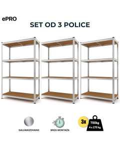 ePRO metalna montažna polica standard 150x70x30 SET 3 KOMADA , metal-drvo