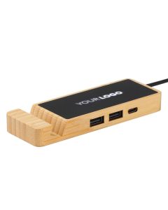 USB razdelnik ENNIO od bambusa sa držačem za telefon – Type-C ulaz, 2x USB + Type-C, svetleći logo