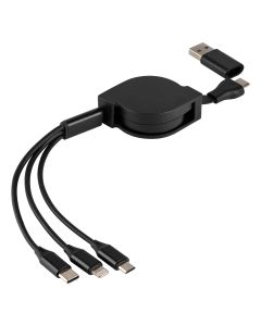 Uvlačivi USB kabl FLASH 6u1 60W – automatsko uvlačenje, 3 izlaza, PD, crni