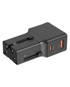 Univerzalni putni punjač INTER CHARGER 25W GaN – priključci za ceo svet, USB-C i USB-A, crni