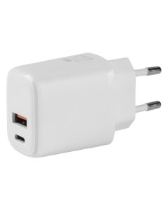 Zidni punjač FLUX 20W GaN – USB-C 20W i USB-A, dva uređaja istovremeno, beli