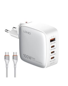 Kucni punjac sa adapterima LDNIO Q408 GaN PPS QC3.0 (30W), 3xPD3.0 (100W), 100W Max, sa Type C na Type C kablom beli - 217366