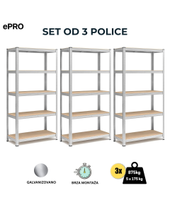 ePRO metalna montažna polica standard 180x100x40 SET 3 KOMADA, metal-drvo