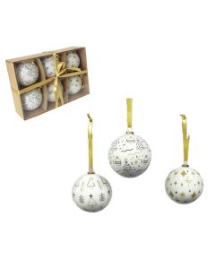 Novogodišnje kugle 7.5cm u ukrasnoj kutiji set 6/1, bela-zlatna