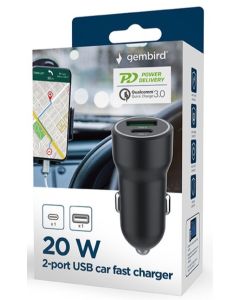GEMBIRD Brzi auto punjač TA-UC-A2PDQC20-CAR-01, crna - 46119