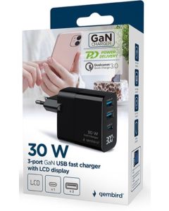 GEMBIRD Brzi auto punjač TA-UC-PDQC30LCD-BK-02, crna - 46122