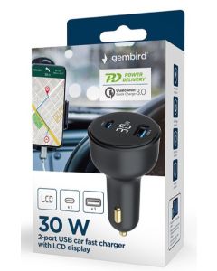 GEMBIRD Brzi auto punjač 2-port USB Type-C TA-UC-AC2PD30LCD-CAR-01, 30W, crna - 46192