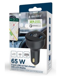 GEMBIRD Brzi auto punjač 2-port USB Type-C TA-UC-AC2PD65LCD-CAR-01, 65W, crna - 46193