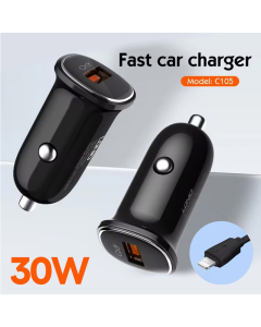 Auto punjač LDNIO C105, QC3.0, 30W USB Lightning crni 1m
