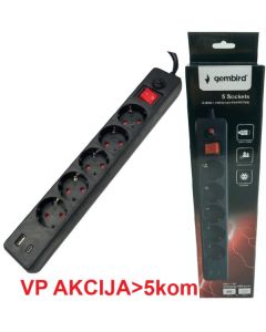 GEMBIRD Produžni kabl sa zastitom, 5 uticnica SPG5-B-6(3G1.5), 5V/3.1A USB-A+C 16A/3500W, 1.8m, crna - 47077