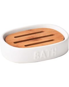 TENDANCE Posuda za sapun Bath 12,5x9,5x3,2 cm keramika/bambus bela-bambus