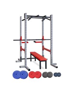 IRON SPORT Kavez sa dodacima za propadanje trbušnjake i zgibove sa ravnom klupom 64kg tegova i 2+1 šipkom - KAVKL64