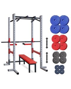 IRON SPORT Kavez sa dodacima za propadanje trbušnjake i zgibove sa ravnom klupom 128kg tegova i 2+1 šipkom - KAVK128
