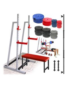 Stalak za tegove sa bar holderima - Ravna klupa 117cm x 31cm - Tegovi 118kg tegova i 2+1 šipka - STRK118